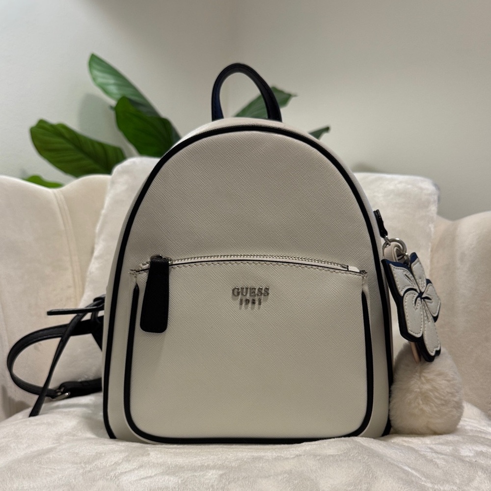 GUESS White and Black Backpack with Charm